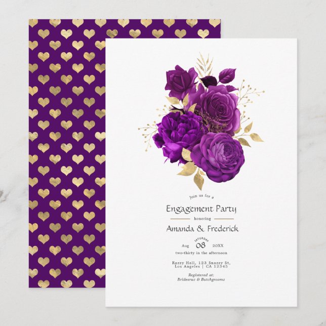 Purple and Gold Floral Engagement party Invitation (Front/Back)