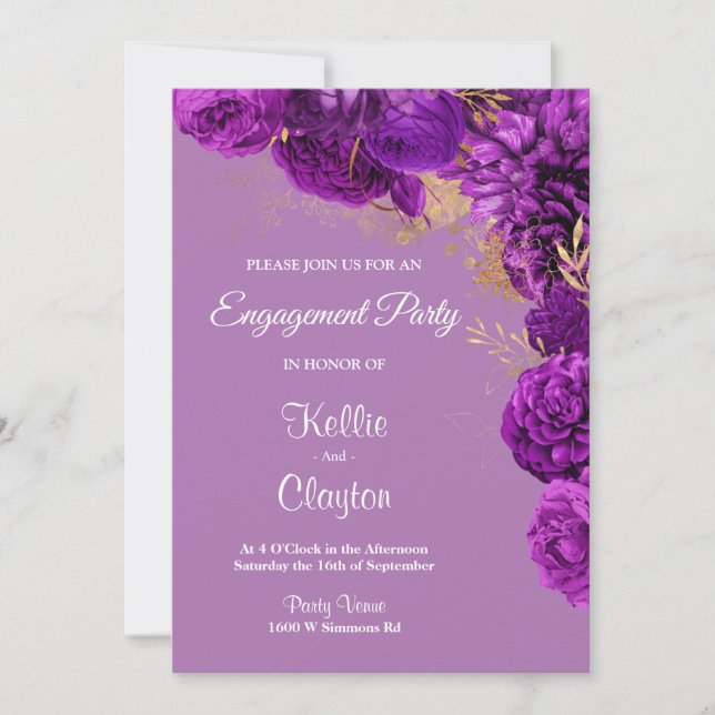 Purple And Gold Floral Engagement Party Invitation (Front)