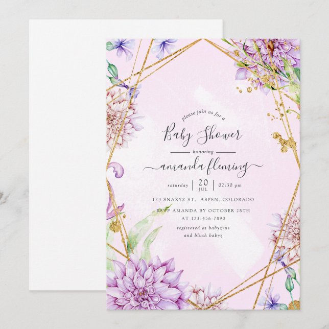 Purple and Gold Floral Geometric Baby Shower Invitation (Front/Back)