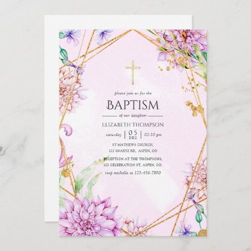 Purple and Gold Floral Geometric Baptism Invitation