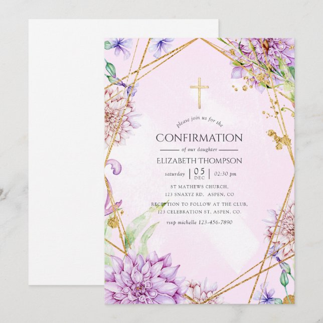 Purple and Gold Floral Geometric Confirmation Invitation (Front/Back)