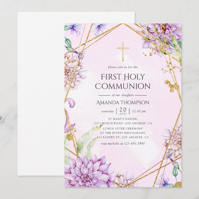 Purple and Gold Floral Geometric Holy Communion Invitation (Front/Back)