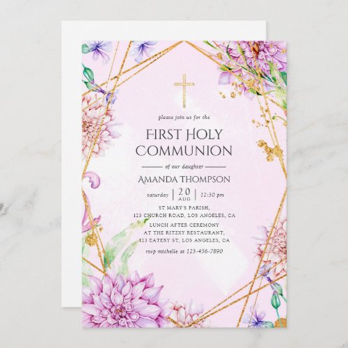 Purple and Gold Floral Geometric Holy Communion Invitation