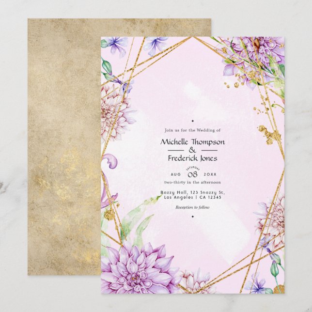Purple and Gold Floral Geometric Wedding Invitation (Front/Back)