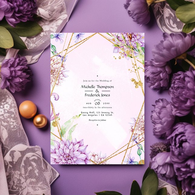 Purple and Gold Floral Geometric Wedding Invitation (Creator Uploaded)