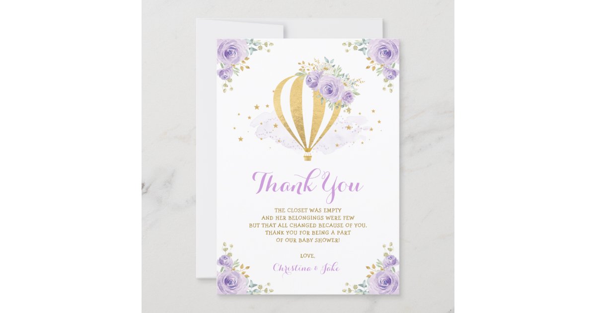 Purple and Gold Floral Hot Air Balloon Baby Shower Thank You Card | Zazzle.com