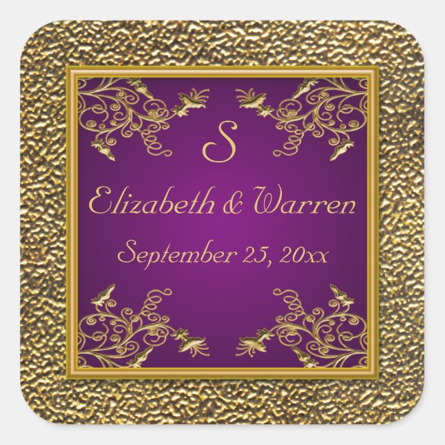 Purple and Gold Floral Monogram Wedding Sticker (Front)