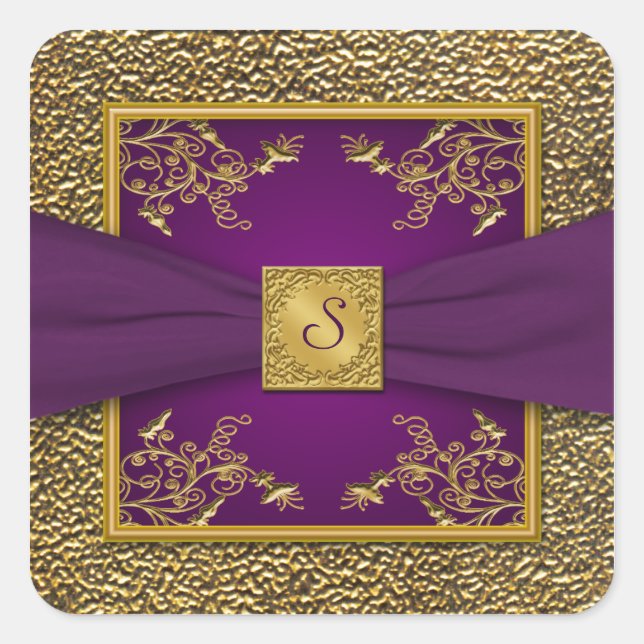 Purple and Gold Floral Monogram Wedding Sticker (Front)