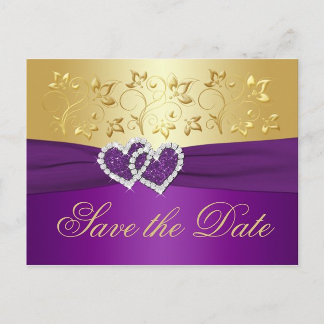 Purple and Gold Floral Save the Date Card (Front)