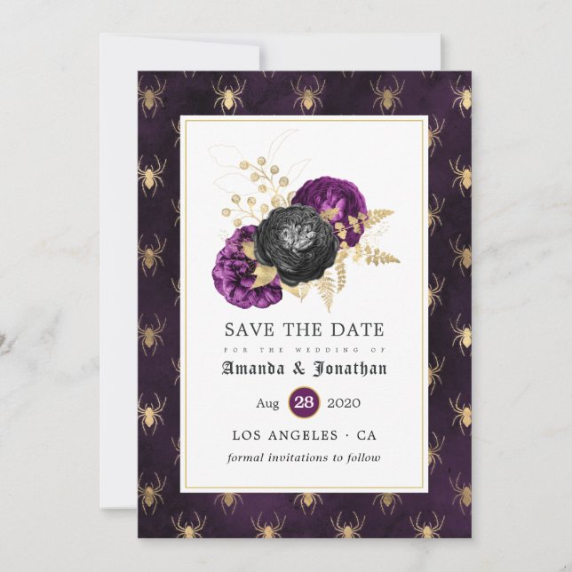 Purple and Gold Floral Spiders Gothic Wedding Save The Date (Front)