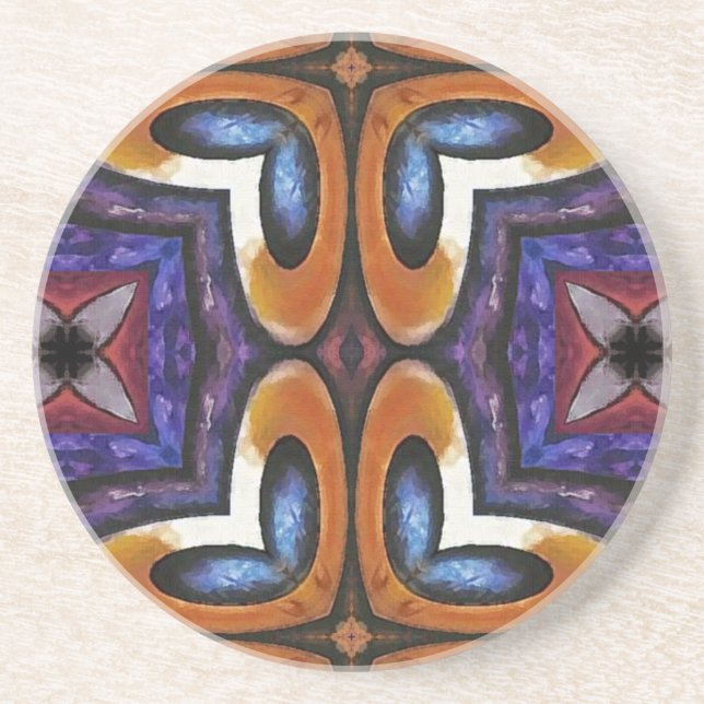 Purple and Gold Floral Tiles Sandstone Coaster (Front)