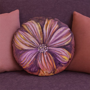     Purple And Gold Floral Watercolor Vibrant Bold Round Pillow