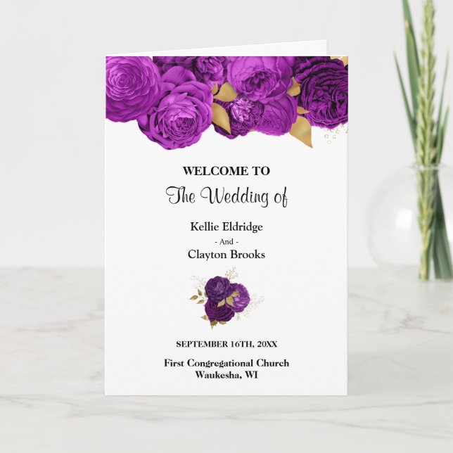 Purple And Gold Floral Wedding Folded Program (Front)