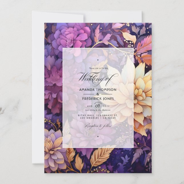 Purple and Gold Floral Wedding Invitation (Front)