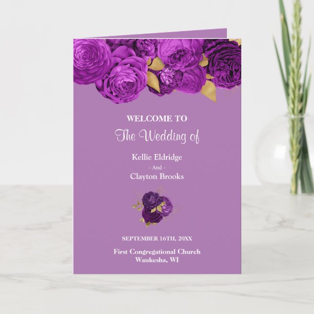 Purple And Gold Floral Wedding Program (Front)