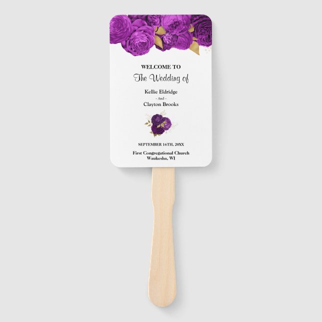 Purple And Gold Floral Wedding Program Hand Fan (Front)