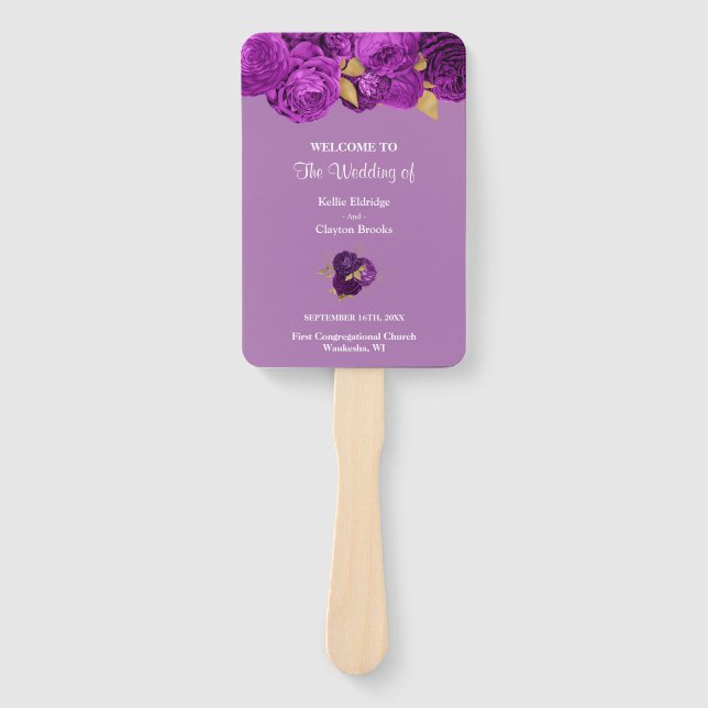 Purple And Gold Floral Wedding Program Hand Fan (Front)