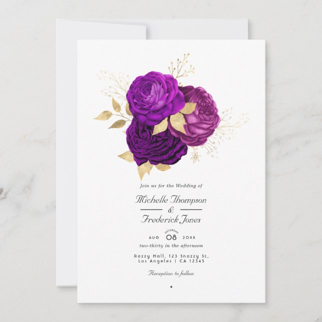 Purple and Gold Floral Wedding QR Code Rsvp Invitation (Front)