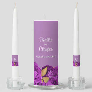 Purple And Gold Floral Wedding Unity Candle Set
