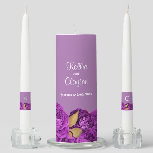 Purple And Gold Floral Wedding Unity Candle Set