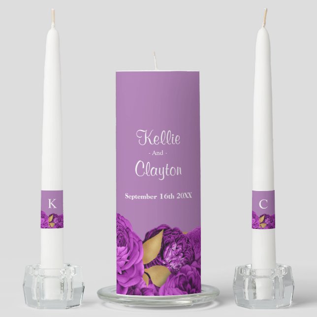 Purple And Gold Floral Wedding Unity Candle Set (Front)