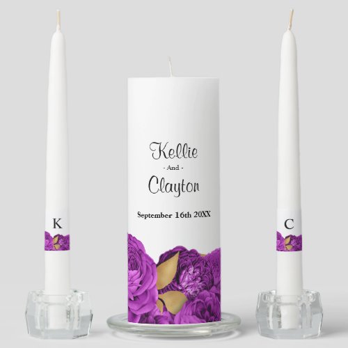 Purple And Gold Floral Wedding Unity Candle Set
