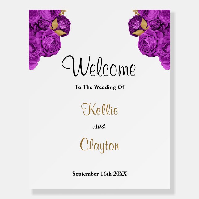 Purple And Gold Floral Wedding Welcome Sign (Front)