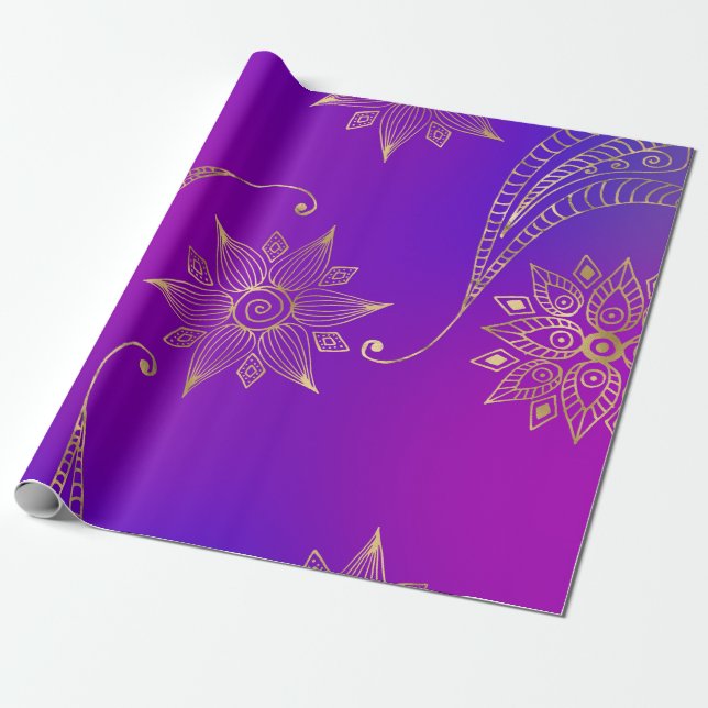 Purple and Gold Foil Arabian Bollywood Wrapping Paper (Unrolled)