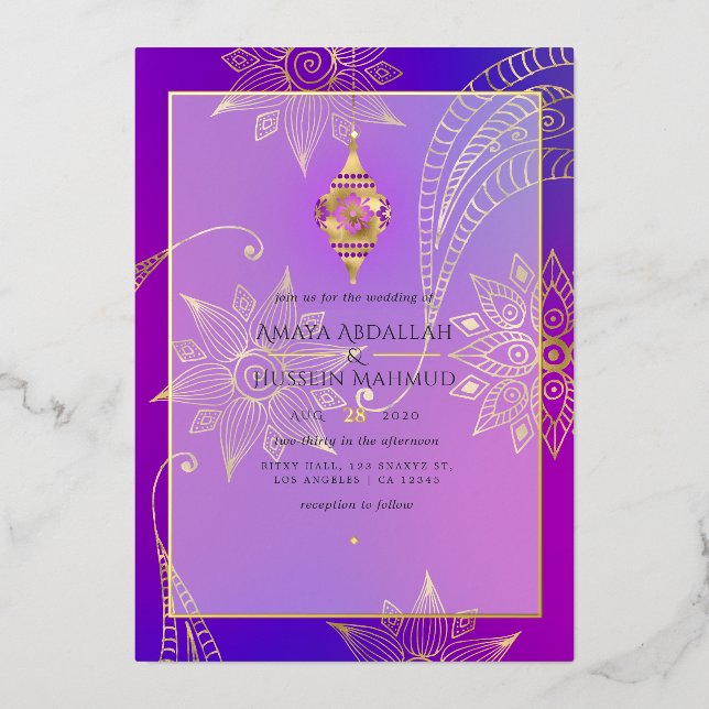 Purple and Gold Foil Arabian Wedding Foil Invitation (Front)