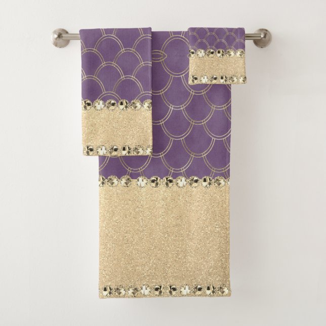 Purple and Gold Foil Diamond Bling  Bath Towel Set (Insitu)