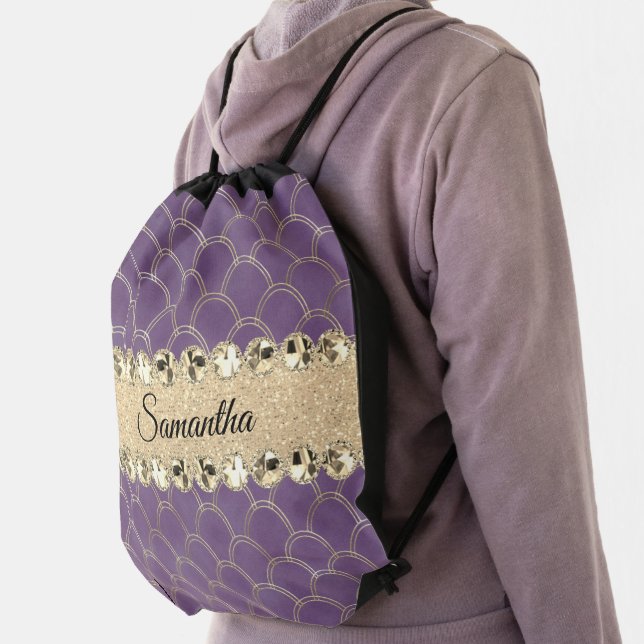 Purple and Gold Foil Diamond Bling  Drawstring Bag (Insitu)