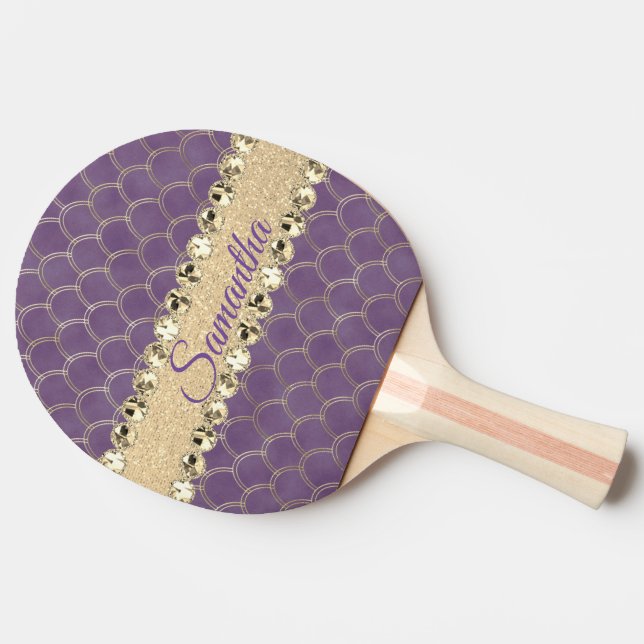 Purple and Gold Foil Diamond Bling Personalized Ping Pong Paddle (Side)