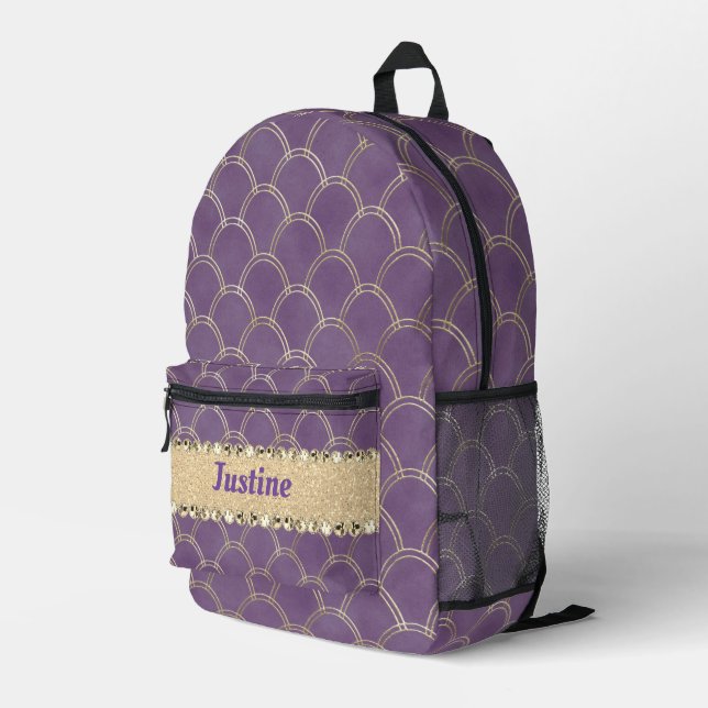 Purple and Gold Foil Diamond Bling Personalized  Printed Backpack (Back Corner Right)