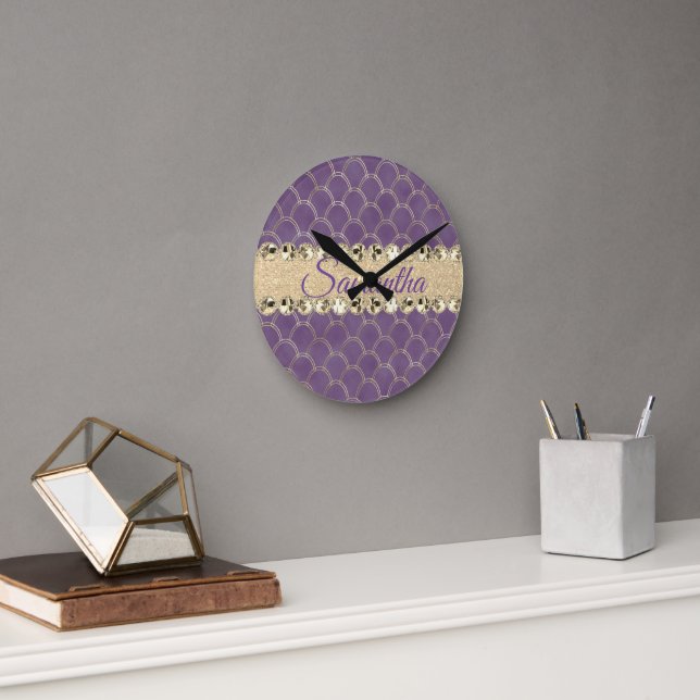 Purple and Gold Foil Diamond Bling   Round Clock (Office)