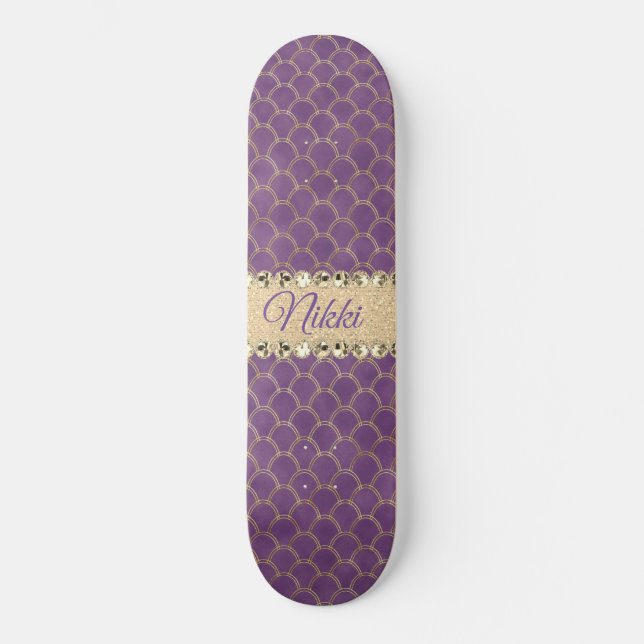 Purple and Gold Foil Diamond Bling                 Skateboard (Front)