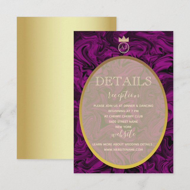 Purple and Gold Foil Elegant Wedding Details Card (Front/Back)