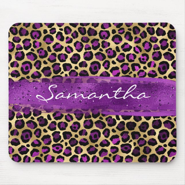 Purple and Gold Foil Leopard Brush Stroke Mouse Pad (Front)