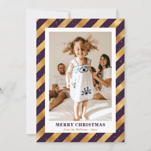 Purple and Gold Foil Modern Photo Merry Christmas Holiday Card