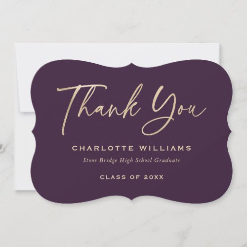 Purple and Gold Foil Modern Script Graduation Thank You Card
