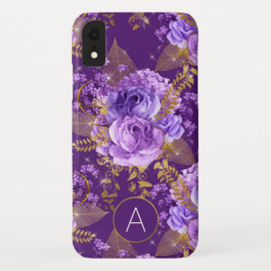 Purple and Gold Foil Monogram Floral Pattern iPhone XR Case