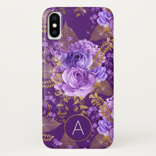 Purple and Gold Foil Monogram Floral Pattern iPhone X Case