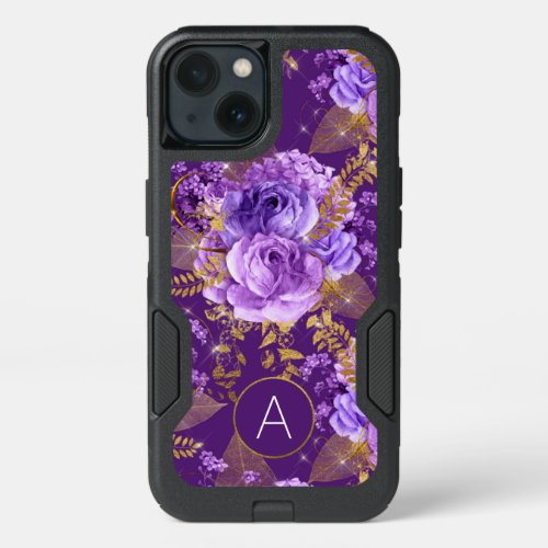 Purple and Gold Foil Monogram Floral Pattern iPhone 13 Case
