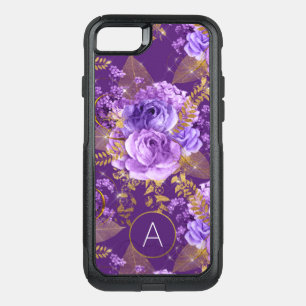 Purple and Gold Foil Monogram Floral Pattern OtterBox Commuter iPhone SE/8/7 Case