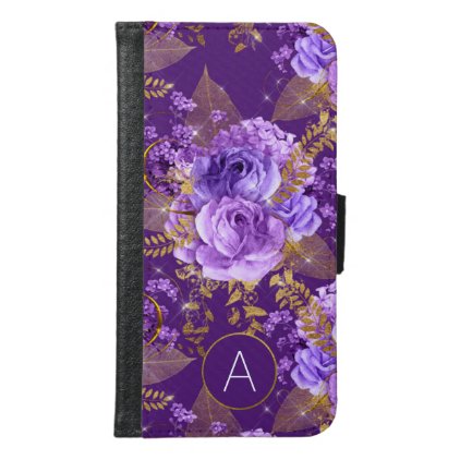 Purple and Gold Foil Monogram Floral Pattern Samsung Galaxy S6 Wallet Case