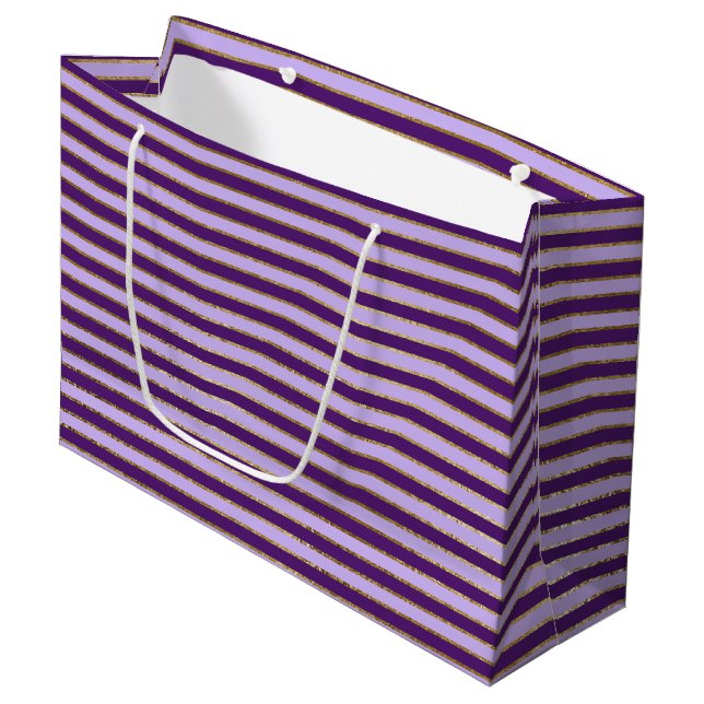 Purple and Gold Foil Stripes Birthday Party Large Gift Bag (Front Angled)