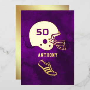 Purple and Gold Football Birthday Chalkboard Foil Invitation
