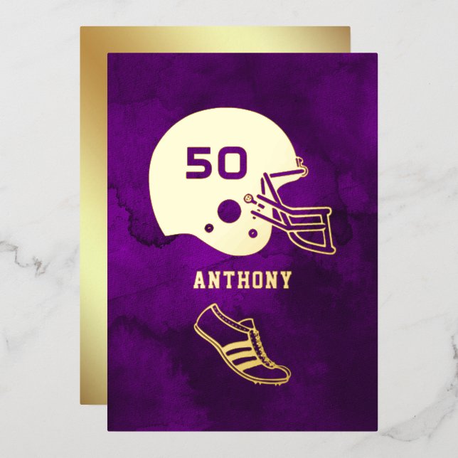 Purple and Gold Football Birthday Chalkboard Foil Invitation (Front/Back)