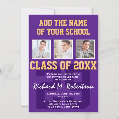 Purple and Gold Football Players Graduation Party Invitation