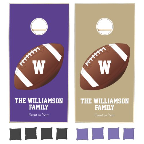 Purple and Gold Football Team Colors Name Monogram Cornhole Set