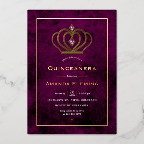 Purple and Gold Gemstone Crown Quinceaera Foil Invitation